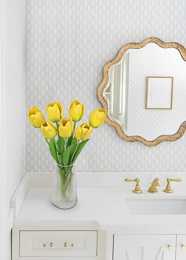 Artificial Tulips Flowers – 24" Long Stem Faux Tulips, 7PCS Real Touch Fake Yellow Tulip for Vase, Farmhouse, Kitchen, Spring & Wedding Home Decor-Ruum Studio Home