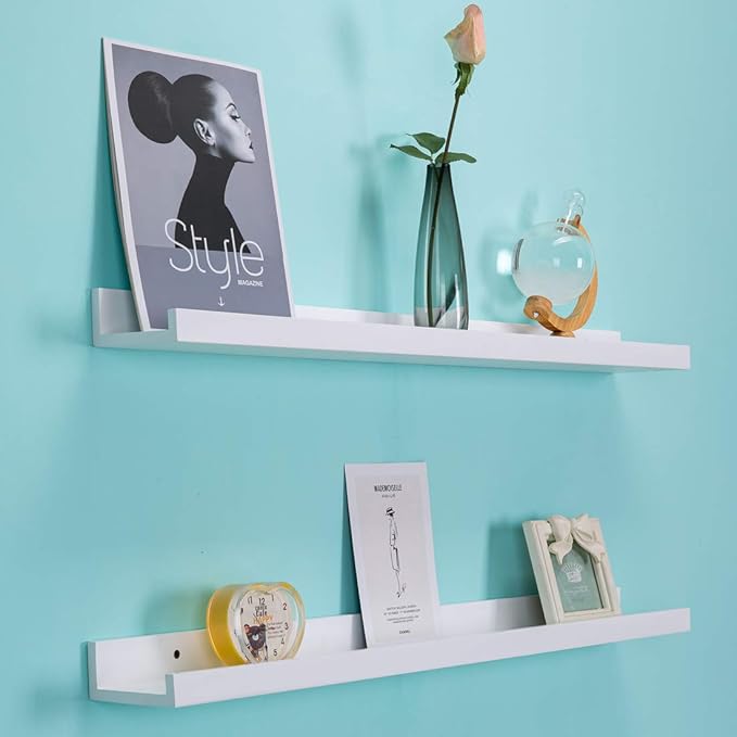 AZSKY 48 Inch White Picture Ledge Shelf Long Floating Shelves Set of 2 Wall Picture Shelf Pine Photo Frames Narrow Picture Ledge Mounting Hardware Included-Ruum Studio Home