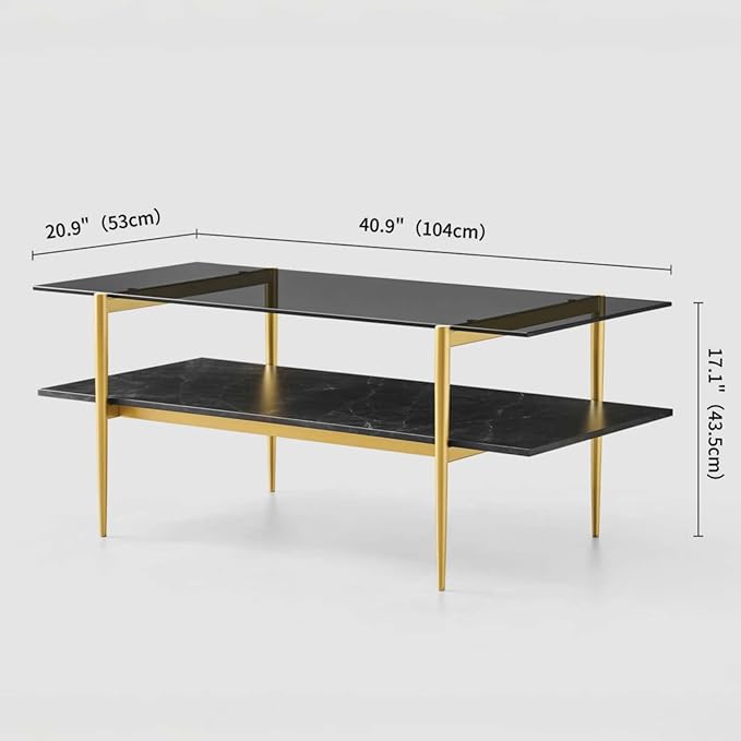 Rectangle Coffee Table for Living Room, Mid-Century Modern Design, L41 x W21 x H17, 2-Tier Structure, Clear Glass Top and Black Marble Wood Shelf, Conical Metal Legs with Gold Finish-Ruum Studio Home