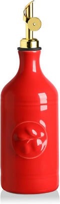 Sweejar 16 Oz Ceramic Olive Oil Dispenser Bottle, Oil Dispenser for Kitchen with Gravity Spout, Relief Opaque Vinegar Container for Evoo, Soy Sauce, 1 Pack(Red, Gold Spout)-Ruum Studio Home