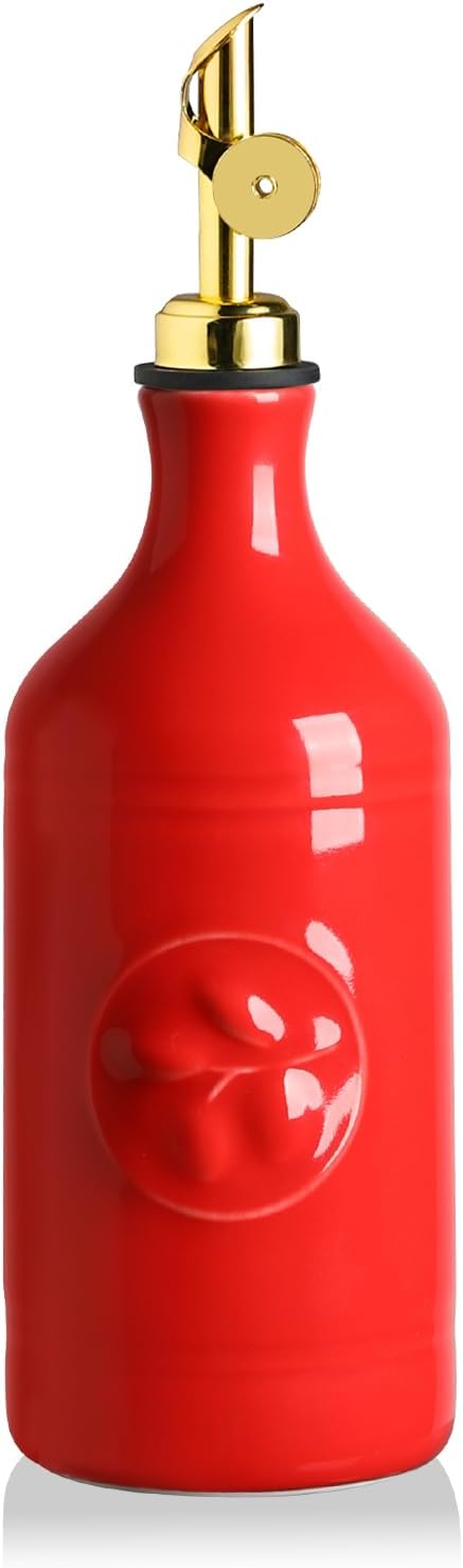 Sweejar 16 Oz Ceramic Olive Oil Dispenser Bottle, Oil Dispenser for Kitchen with Gravity Spout, Relief Opaque Vinegar Container for Evoo, Soy Sauce, 1 Pack(Red, Gold Spout)-Ruum Studio Home