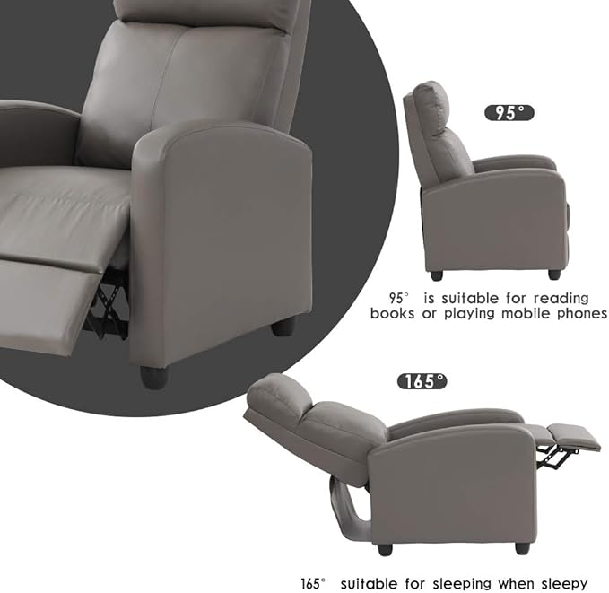 BestMassage | Recliner Chair | No Massage Function | Pu Grey | with Lumbar Support, Adjustable Push Back, Wide Armrests, Footrest & Padded Seat | Easy Assembly | for Living Room, Home Theatre-Ruum Studio Home
