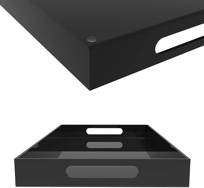 Black Acrylic Serving Tray for Vanity, Bathroom, Outdoor, Food and Décor with Handles (Rectangle, Small)-Ruum Studio Home