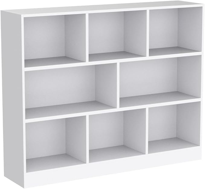 IOTXY Open Shelf Low Bookcase - Wooden 3-Tier Floor Standing Display Cabinet Organizer with Base, 8 Cubes Short Horizontal Bookshelf in Warm White-Ruum Studio Home