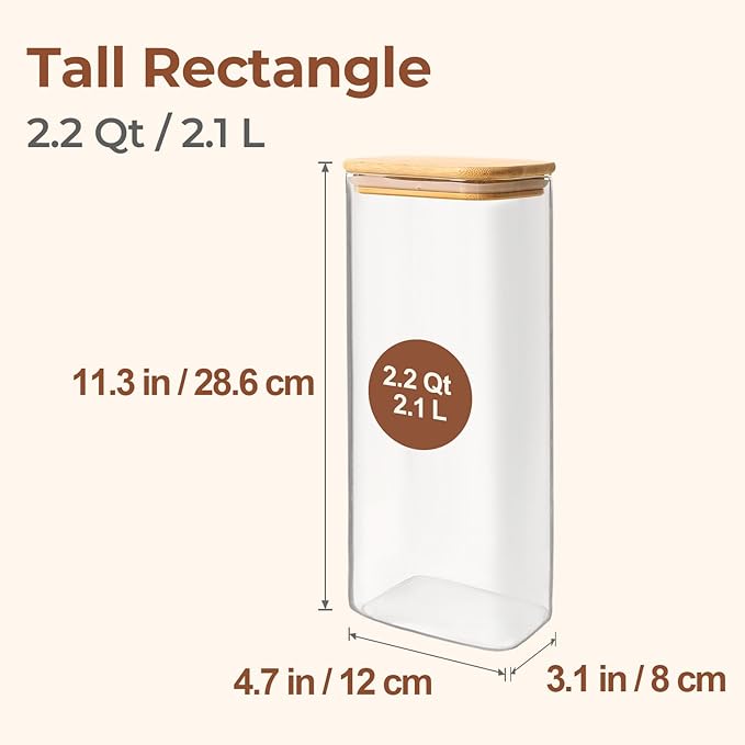 ComSaf 2.2 Qt Rectangle Glass Storage Containers with Lids, Glass Jars with Bamboo Lids, Clear Food Storage Jar, Tall Spaghetti Container, Pantry Storage Container for Pasta Flour Oats Nuts Rice-Ruum Studio Home