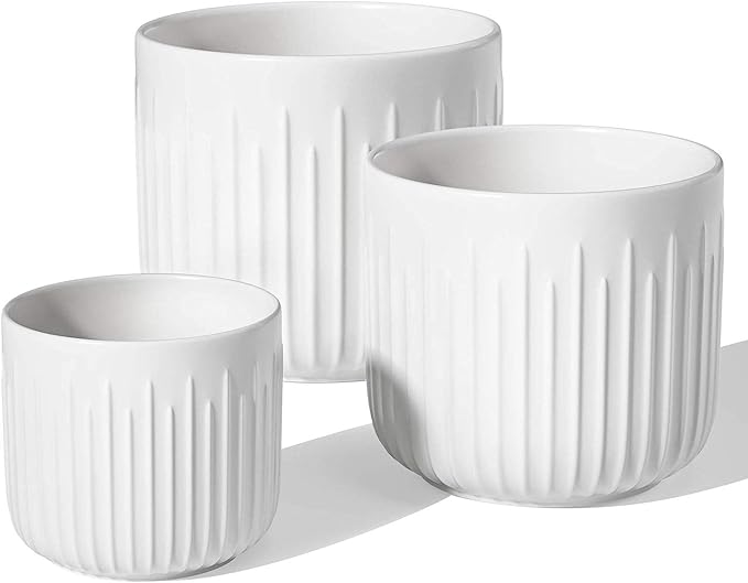LE TAUCI Fluted Ceramic Planters Set of 3 – 8.3/7 / 5.7 in White Cylinder Indoor Plant Pots with Drainage Plug & Mesh, Matte Glazed Stoneware Flower Pots for Succulent Herb Cactus-Ruum Studio Home