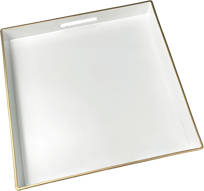 White Decorative Tray, Square Serving Tray with Handles, Plastic Coffee Table Tray for Ottoman, Living Room, Kitchen Tabletop, 13"x13"x1.6"-Ruum Studio Home