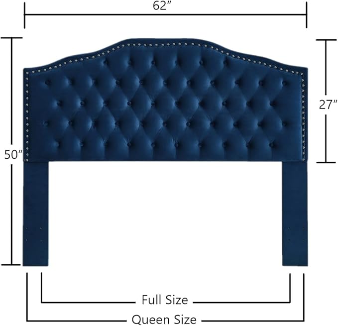 24KF Upholstered Button Tufted Queen Headboard with Nailhead Trim, Soft Velvet Fabric Headboard Queen/Full WM-6031-Q-NAVY-Ruum Studio Home