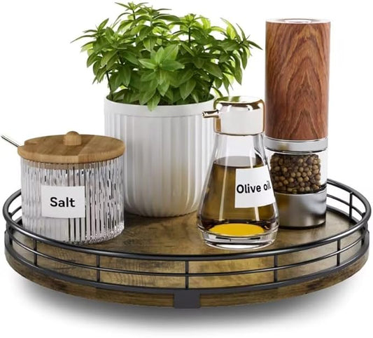 Lazy Susan Turntable Organizer for Table Top, 10’’ Round Wooden Lazy Susan for Cabinet Kitchen Countertop Pantry Dining Coffee Table for Condiments Spices, Rustic Bathroom Vanity Tray for Soap Candle-Ruum Studio Home
