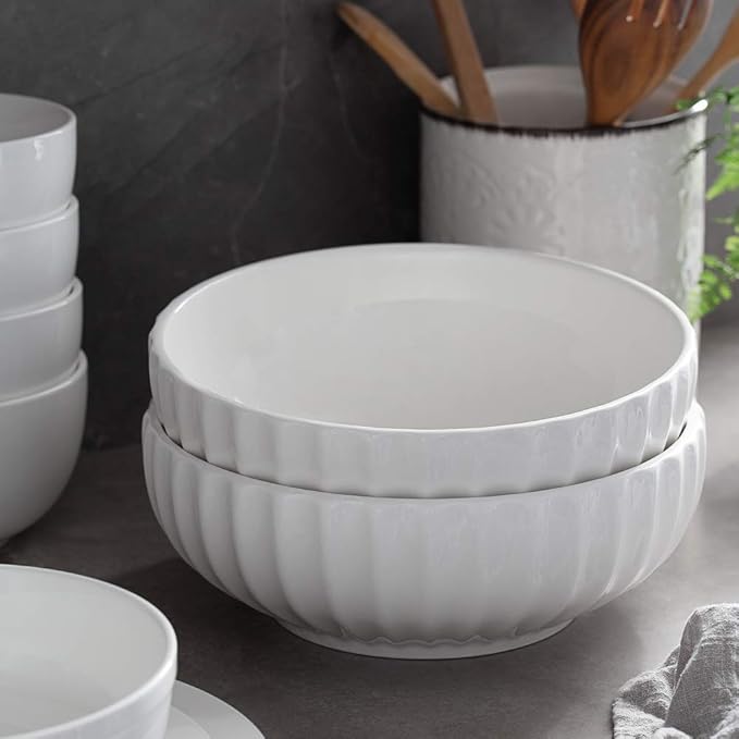 DOWAN 9.8'' Serving Bowls, 86 oz White Serving Platters, Large Ceramic Serving Dishes, Fruit Bowl, Set of 2, for Entertaining, Party, Kitchen, Dinner, Banquet, Housewarming Gift, Soft White-Ruum Studio Home