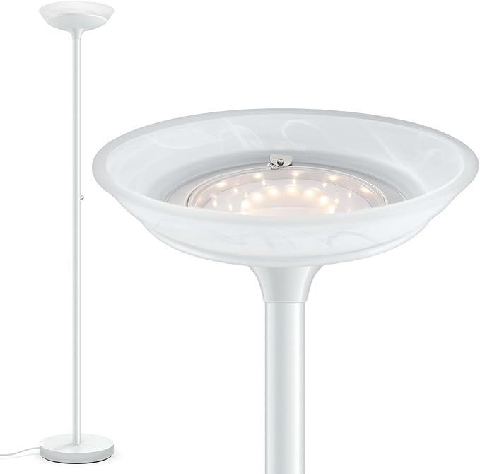 BoostArea Torchiere Floor Lamp, 24W Super Bright LED Standing Lamp, Stepless Dimmable Pole Lamp with 3000K Lighting, Glass Lampshade, 71Inch Tall Metal Modern Floor lamps for Living Room/Bedroom White-Ruum Studio Home