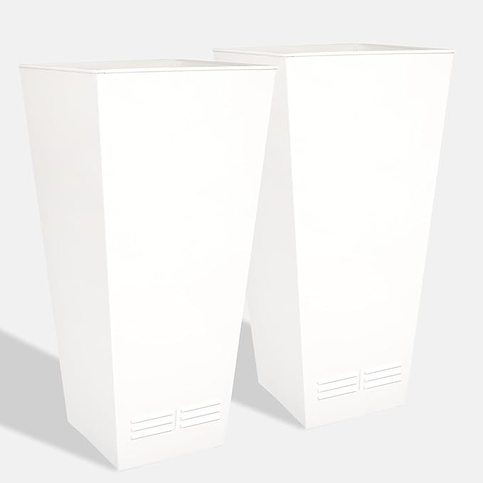 Worth Garden 28" H. Large Metal Glazed Planter Set of 2, Modern Glossy Finish White Tall Square Tapered Steel Flower Plant Pots for Indoor & Outdoor Use - Insert Plate with Drain Holes, Air Vents-Ruum Studio Home