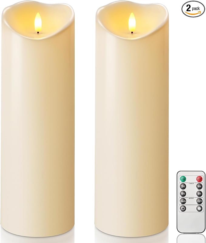 Homemory 4"x12" Outdoor Waterproof Flameless Candles with Timers and Remote Control, Battery Operated Candles, LED Plastic Candles, Dark Ivory, Set of 2-Ruum Studio Home