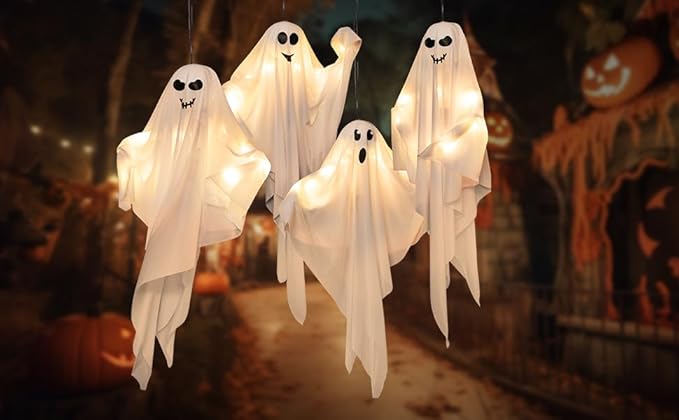 4 Pack Halloween Hanging Ghosts, 27.5 Inch with Light Up Ghost Kit for Indoor Outside Ornaments, Spooky Yard Tree Halloween Decorations Outdoor, Party Décor-Ruum Studio Home