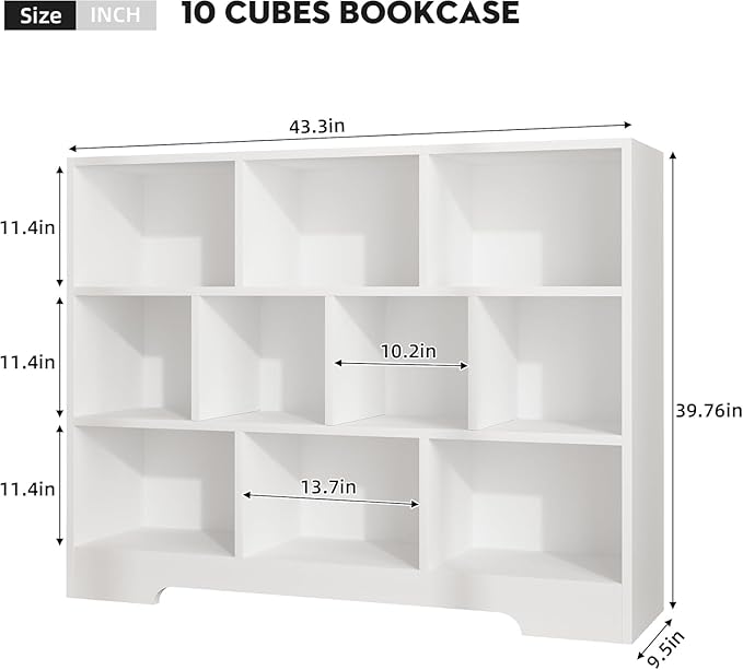 Book Shelf, 10 Cubes Storage Organizer, 3-Tier Open Shelf Wooden Bookcase, Freestanding White Bookshelf Cube Shelf for Bedroom, Living Room-Ruum Studio Home