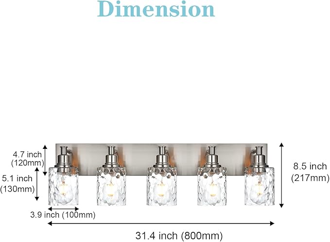 BONLICHT 5 Lights Sconces Wall Lighting Brushed Nickel with Hammered Glass Shade, Industrial Bathroom Light Fixtures Vanity Lights Porch Light Fixtures Classic Metal Wall Mount Lamp Over Mirror-Ruum Studio Home
