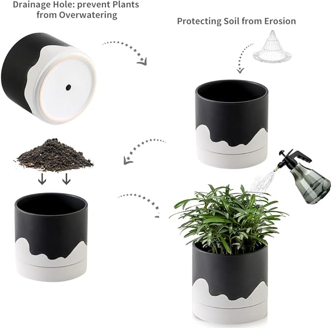 Nihow Ceramic Plant Pot: 6 Inch Planter with Drainage Hole & Saucer for Indoor & Outdoor Plants - Cylinder Round Flower Pot for Succulent/Herbs/Violets - Black & Wave White-Ruum Studio Home