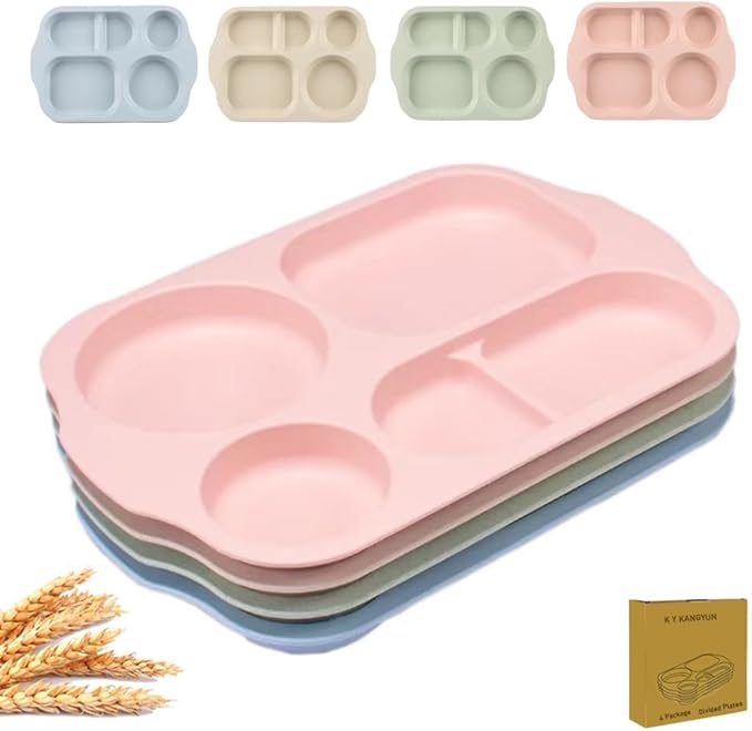 12 Inch Divided Plates4 PCS - Reusable Unbreakable Wheat Straw Plates, Dinnerware Lunch Tray Plates Tableware for Kitchen, Picky Eaters, Campers and Portion Control (Blush)-Ruum Studio Home