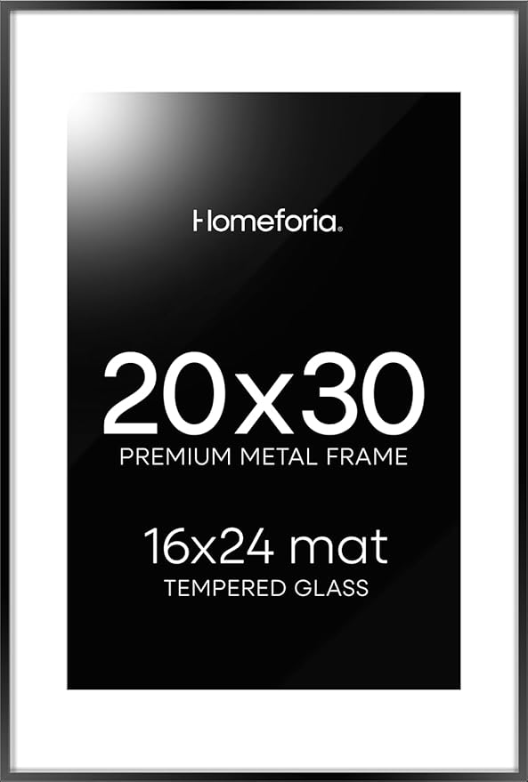 Homeforia 20x30 Poster Frame Black, High End Metal 20 x 30 Picture Frames with Mat 16 by 24 inch Photo, 30x20 Large Frame for Wall, 20x30 Thin Frame Matted to 16x24, Tempered Glass, Wall Kit, Set of 1-Ruum Studio Home