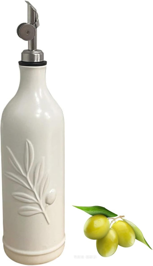 20 Oz Ceramic Olive Oil Dispenser Bottle, with Stainless Steel Spout & Funnel, Ideal for Oil, Vinegar, Coffee Syrup & Liquids (White)-Ruum Studio Home