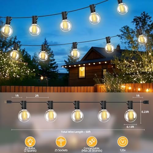 50FT G40 LED String Lights with 25 Shatterproof Bulbs (2 Spares), E12 Sockets, 2700K Warm White, eatherproof Patio Lighting for Garden,Backyard,Party,Wedding,Porch,Deck,Gazebo,Bistro,Camping-Ruum Studio Home