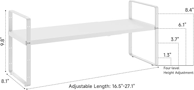 16.5~27.1" Expandable Shelf Organizer, 2Pack 8.1" Wide Stackable Cabinet Shelf Organizers, White Metal Sturdy Kitchen Counter Storage for Countertop, Adjustable Height Spice Rack-Ruum Studio Home