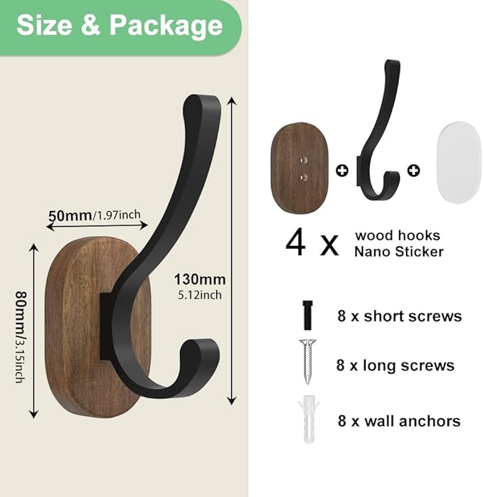 Wall Hooks for Hanging Coats - 4 Pack Coat Hooks Wall Mounted, Wood Coat Hooks for Wall, Bussdis Single Metal Hooks for Hanging Hats, Keys, Towel, Robe, Purse, Jackets, Decorative Livingroom, Bathroom-Ruum Studio Home