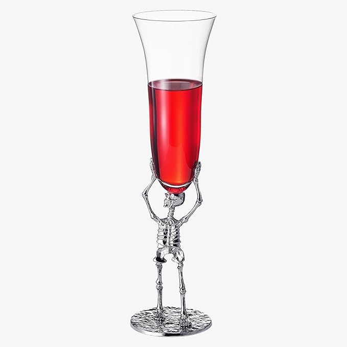 Skeleton Champagne Flute Glass 7.5oz | Gothic Halloween Drinkware | 10" Tall Skeleton Goblet for Haunted House Decor, Spooky Wine Glass, Gothic Party Supplies, Skeleton Gifts & Themed Celebrations-Ruum Studio Home
