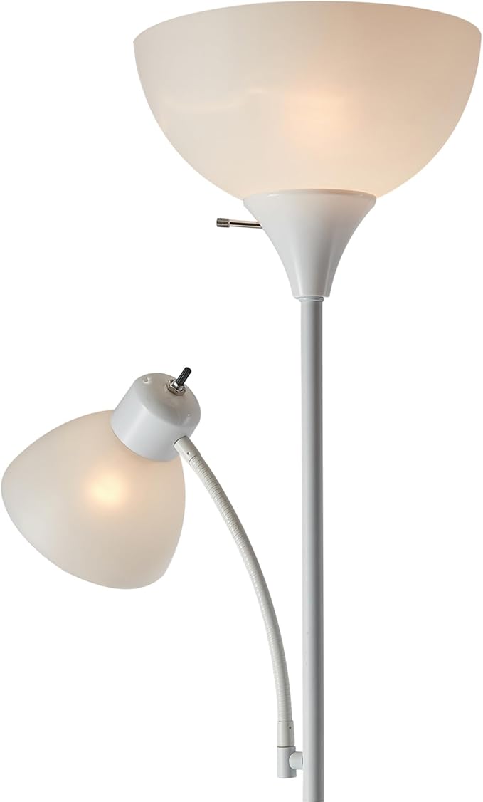 GLOBE Electric 67136 72" Torchiere Floor Lamp with Adjustable Reading Light, Matte White Finish, Frosted Shades, Rotary Switch on Socket, E26 Base-Ruum Studio Home