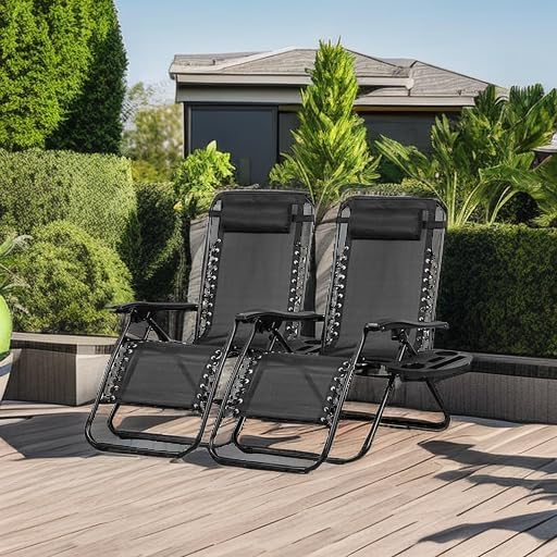 Nazhura Set of 2 Relaxing Recliners Patio Chairs Adjustable Steel Mesh Zero Gravity Lounge Chair Beach Chairs with Pillow and Cup Holder Black-Ruum Studio Home