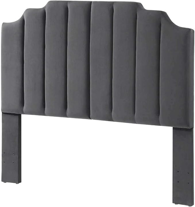 24KF Dark Gray Velvet Tufted Queen Upholstered Headboard, Modern Vertical Channel Design California Queen/Full Headboard with Stepped Silhouette Top Edge,Dark Gray-Ruum Studio Home