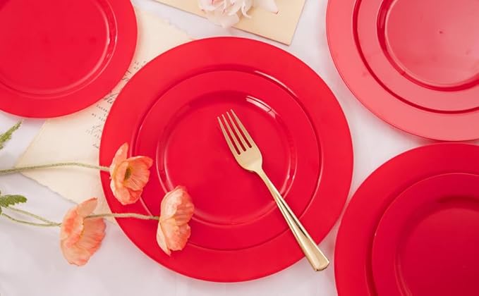 FLOWERCAT 60PCS Red Plastic Plates - Heavy Duty Red Plates Disposable for Party - Include 30PCS 10.25inch and 30PCS 7.5inch for 30 guests Party & Christmas & New Year-Ruum Studio Home