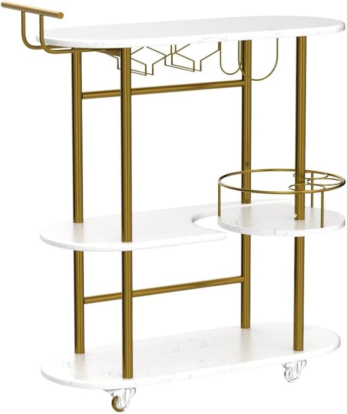 Gold Bar Carts with 4-Tier Storage Shelves, Mobile Bar Serving Cart with Wine Rack and Glass Holder, for The Home, Kitchen, Living Room, Dining Room-Ruum Studio Home