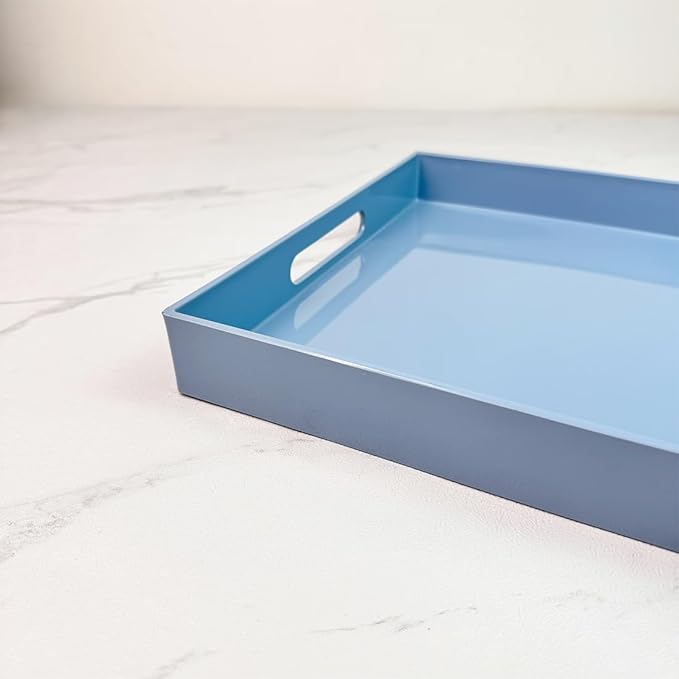 Light Blue Decorative Tray, Rectangular Large Serving Tray with Handles, Plastic Coffee Table Tray for Ottoman, Living Room, Kitchen Tabletop, 15.7” x 11.8” x1.6”-Ruum Studio Home