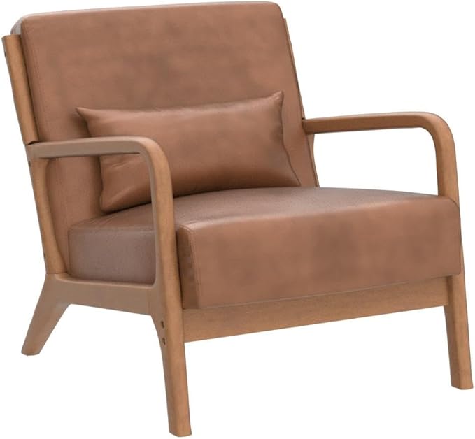 INZOY Mid Century Modern Accent Chair with Wood Frame, PU Leather Reading Armchair with Waist Cushion, Upholstered Living Room Chairs for Bedroom Sunroom (Camel)-Ruum Studio Home