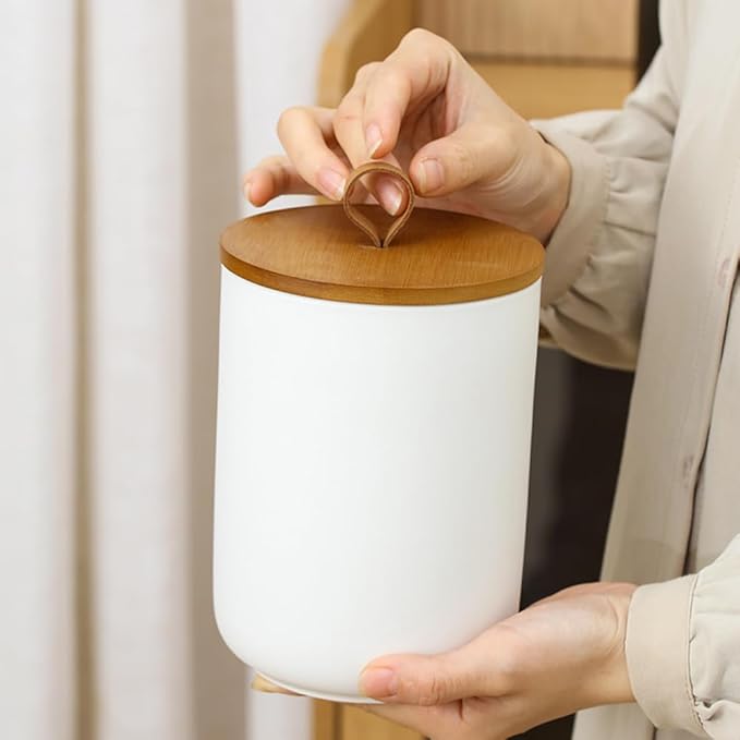 Ceramic Storage Jars, Modern Elegant Highly Polished Airtight Gorgeous Storage Canisters with Wooden Lid Small Food Stroage Jar for Kitchen Spice Tea Vanilla Sugar Coffee Beans (White tuba)-Ruum Studio Home