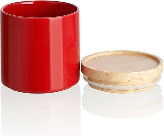 Sweejar Kitchen Canisters Ceramic Food Storage Jar, Stackable Containers with Airtight Seal Wooden Lid for Serving Ground Coffee, Tea, Sugar, Salt and More - 16 Fl Oz (Red)-Ruum Studio Home