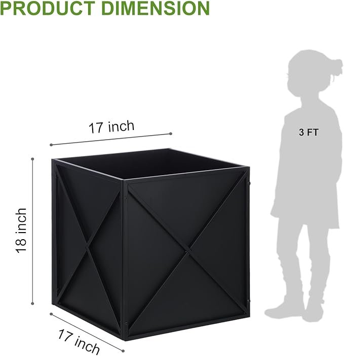Metal Square Planter Box Tall Planters for Outdoor Plants Modern Heavy Duty with Drainage Holes for Outside Indoor Patio Deck - Black, 17”x 17”x 18”-Ruum Studio Home