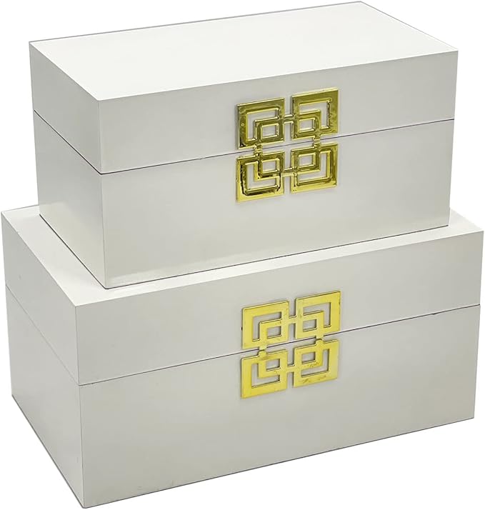 Galt International Large & Small Decorative Storage Box w/Hinged Lid - Classic Design Wood Decor Boxes with Geometric Opening Clasp - Home & Office Storage - Set of 2 (White + Gold)-Ruum Studio Home