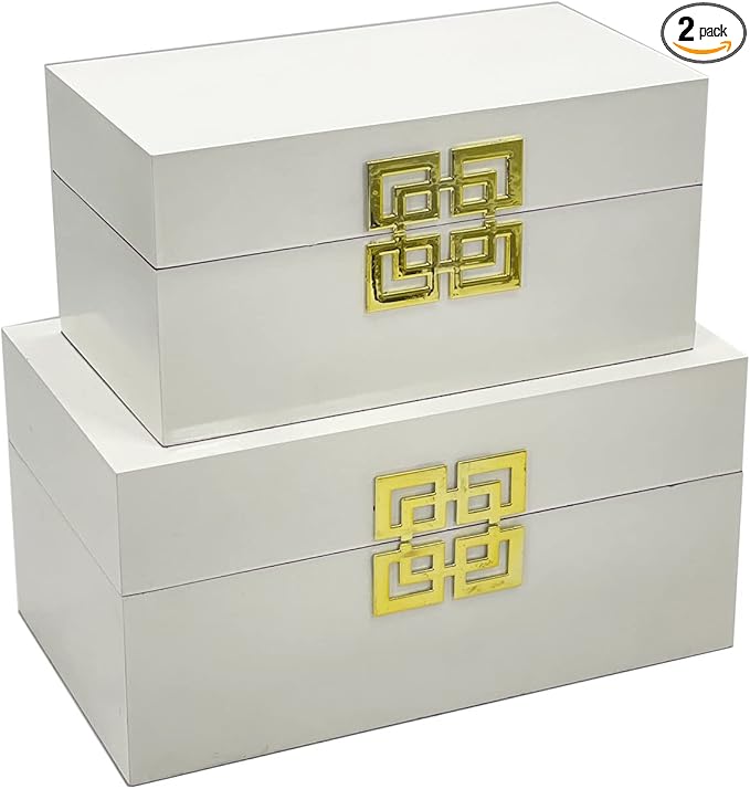 Galt International Large & Small Decorative Storage Box w/Hinged Lid - Classic Design Wood Decor Boxes with Geometric Opening Clasp - Home & Office Storage - Set of 2 (White + Gold)-Ruum Studio Home