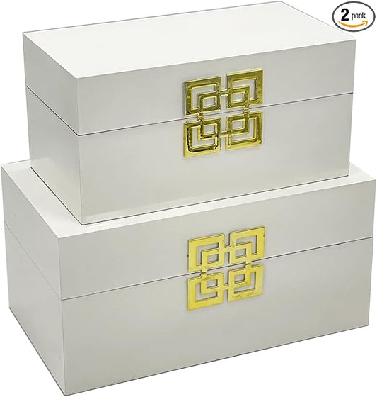 Galt International Large & Small Decorative Storage Box w/Hinged Lid - Classic Design Wood Decor Boxes with Geometric Opening Clasp - Home & Office Storage - Set of 2 (White + Gold)-Ruum Studio Home