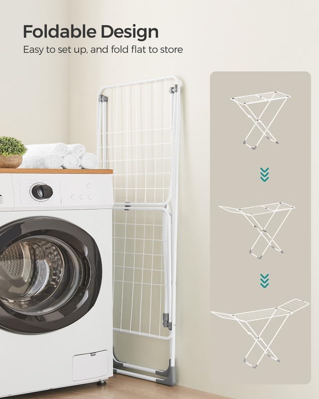 SONGMICS Clothes Drying Rack, Metal Laundry Drying Rack, Foldable, Space-Saving, Free-Standing Airer, with 2 Gullwings, Indoor Outdoor Use, Bed Linen Clothing, White ULLR540W01-Ruum Studio Home
