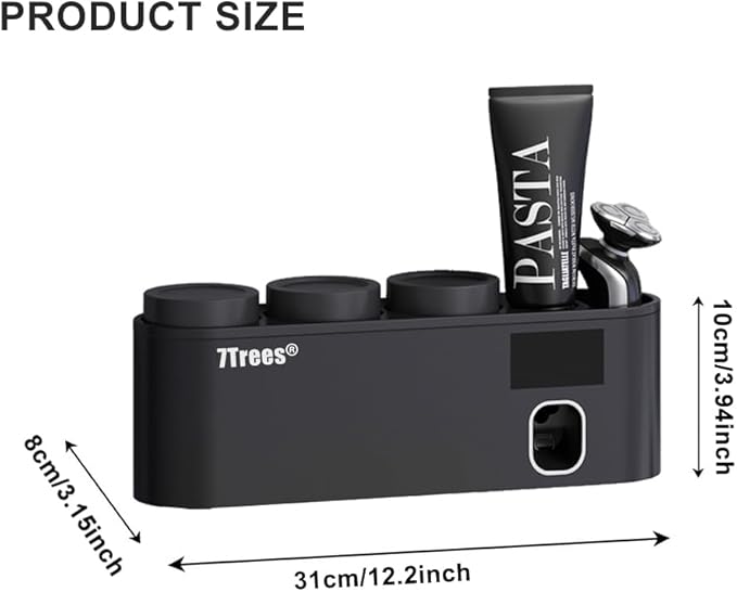 Toothbrush Sanitizer, Self Adhesive Toothbrush Holder with 3 Cups, Automatic Toothpaste Squeezer Dispenser Bathroom Accessories Set (Black)-Ruum Studio Home