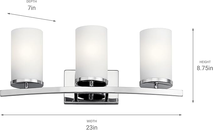 Kichler Crosby 23" Vanity Light in Chrome, 3-Light Contemporary Bathroom Light with Satin Etched Cased Opal Glass, (23" L x 8.75" H), 45497CH-Ruum Studio Home