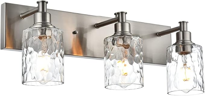 BONLICHT Bathroom Vanity Light Fixtures 3 Lights Modern Wall Sconce Brushed Nickel with Metal Base and Hammered Glass Shade, Industrial Farmhouse Bath Wall Lights for Hallway Kitchen Bedroom-Ruum Studio Home