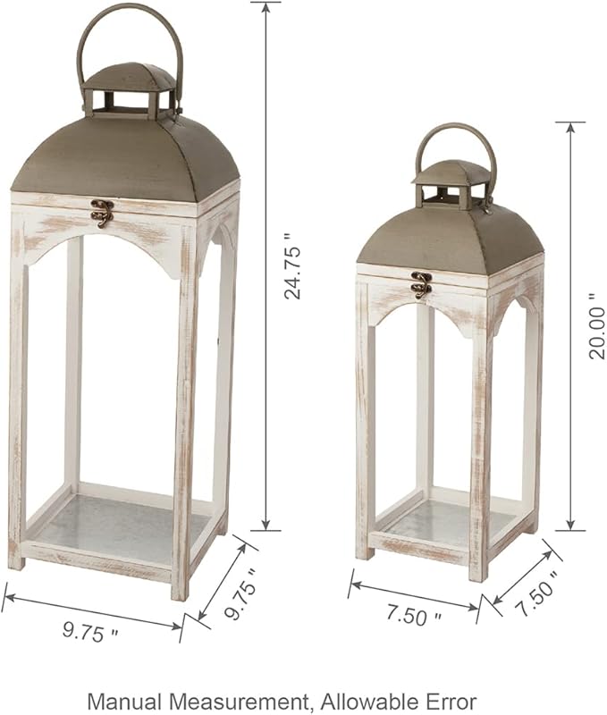 Glitzhome Set of 2 Mondern Farmhouse Wood Metal Lanterns Decorative Candle Lanterns, White (No Glass)-Ruum Studio Home