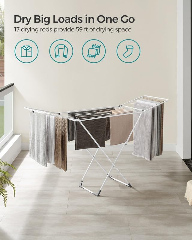 SONGMICS Clothes Drying Rack, Metal Laundry Drying Rack, Foldable, Space-Saving, Free-Standing Airer, with 2 Gullwings, Indoor Outdoor Use, Bed Linen Clothing, White ULLR540W01-Ruum Studio Home