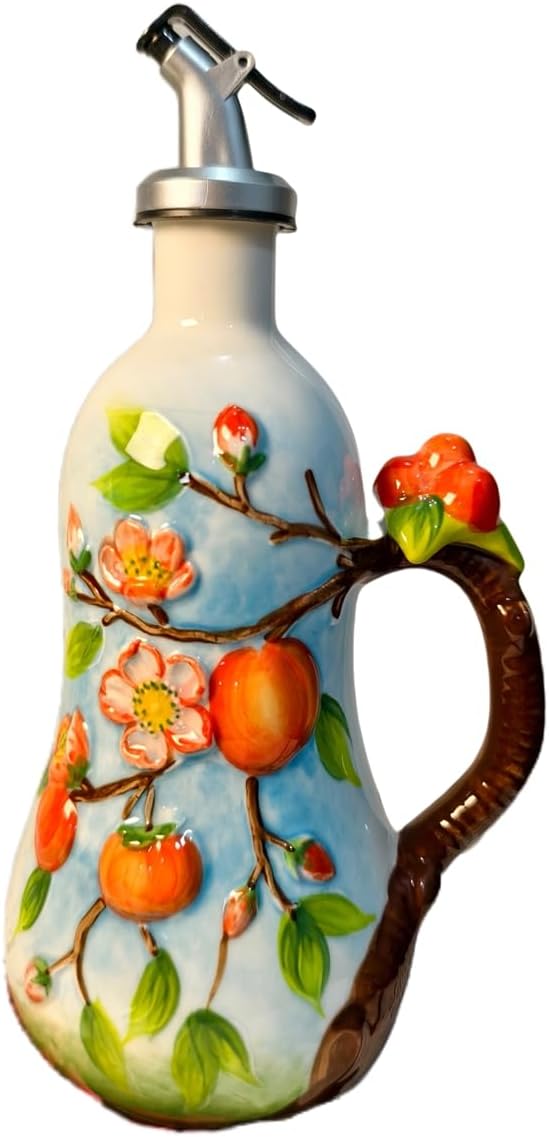 18 Oz Hand Painted Relief Ceramic Olive Oil Bottle Dispenser for Kitchen, Oil and Vinegar Bottle, Seasoning Bottle with Stainless Steel Nozzle, 540mL Oil Container with Handle for Cooking, Light Proof-Ruum Studio Home