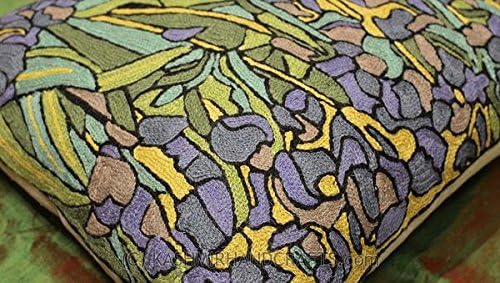 Van Gogh Irises Pillow Cover Green Floral Pillowcase Needlepoint Flower Chair Cushion Accent Botanical Flowery Outdoor Cushions Plant Hand Embroidered Wool Size 18x18-Ruum Studio Home
