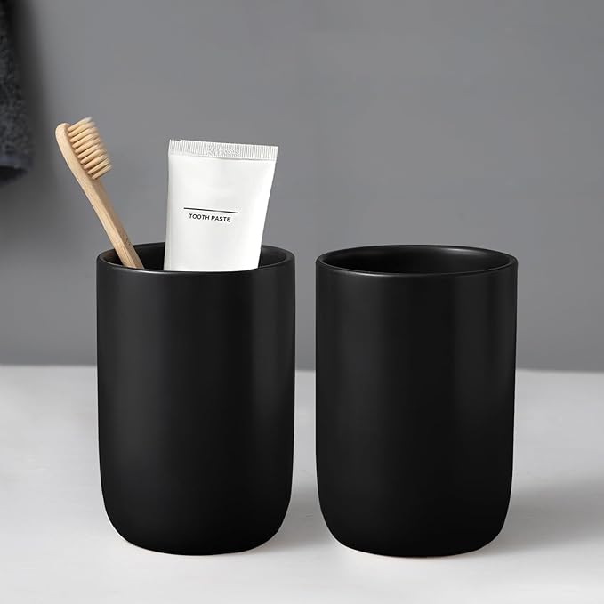 Matte Black Toothbrush Holders for Bathrooms - 2 Cups Ceramic Toothbrush Toothpaste Holders Set, Black Bathroom Tumbler Cups Reusable Toothbrush Cup Black Mouthwash Cup, Bathroom Counter Organizer-Ruum Studio Home